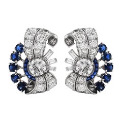 Raymond Yard Vinatge Diamond Blue Sapphire Platinum Antique Clip On Earrings