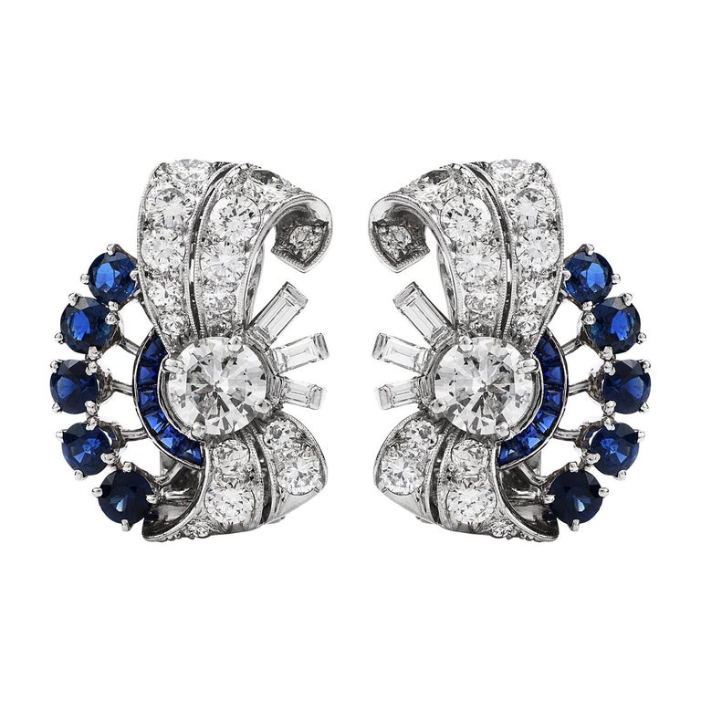 Raymond Yard Vinatge Diamond Blue Sapphire Platinum Retro Clip On Earrings  at 1stDibs