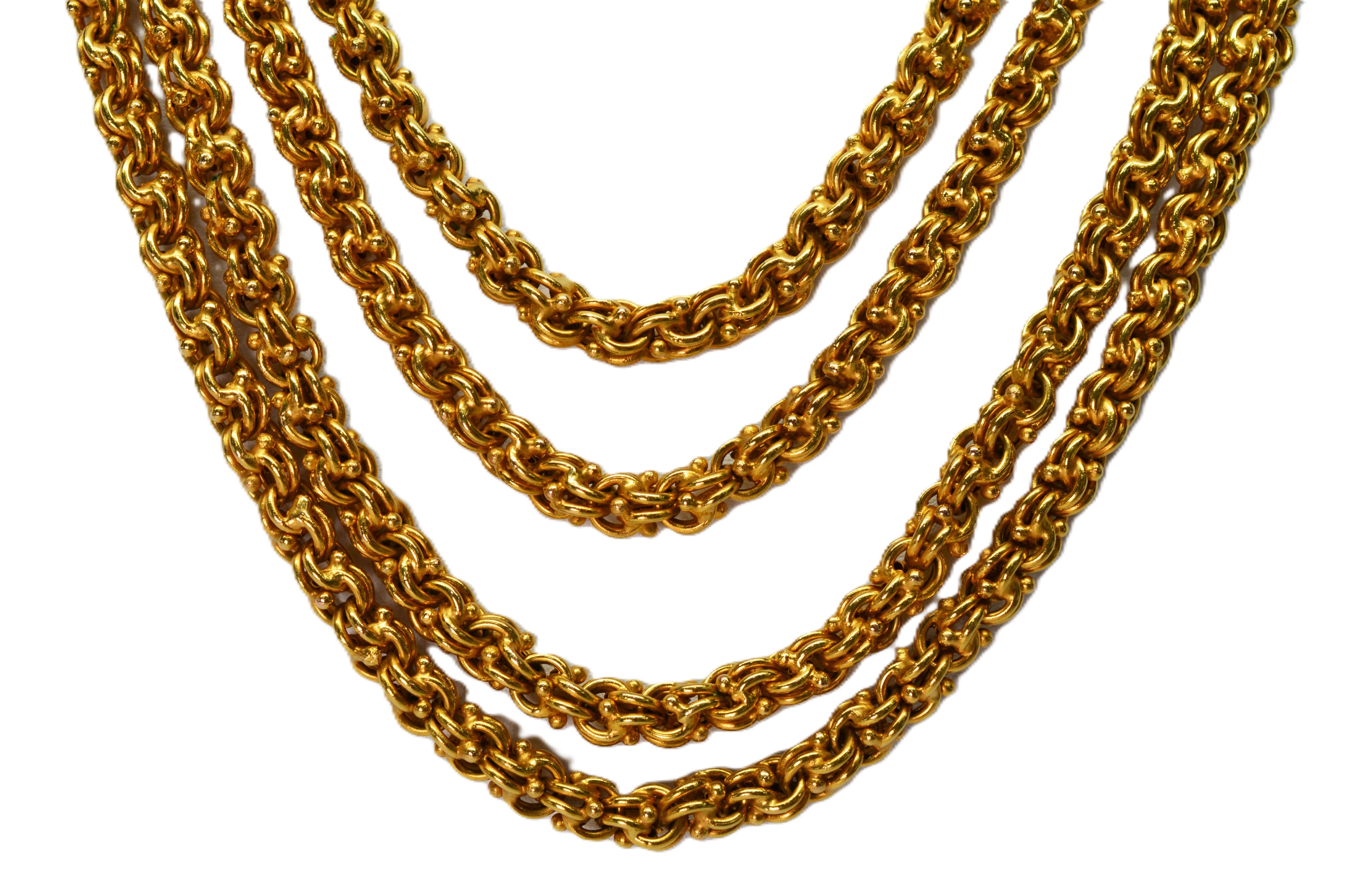 Longue chaîne artisanale ancienne à double câble en or jaune 18 carats en vente 1