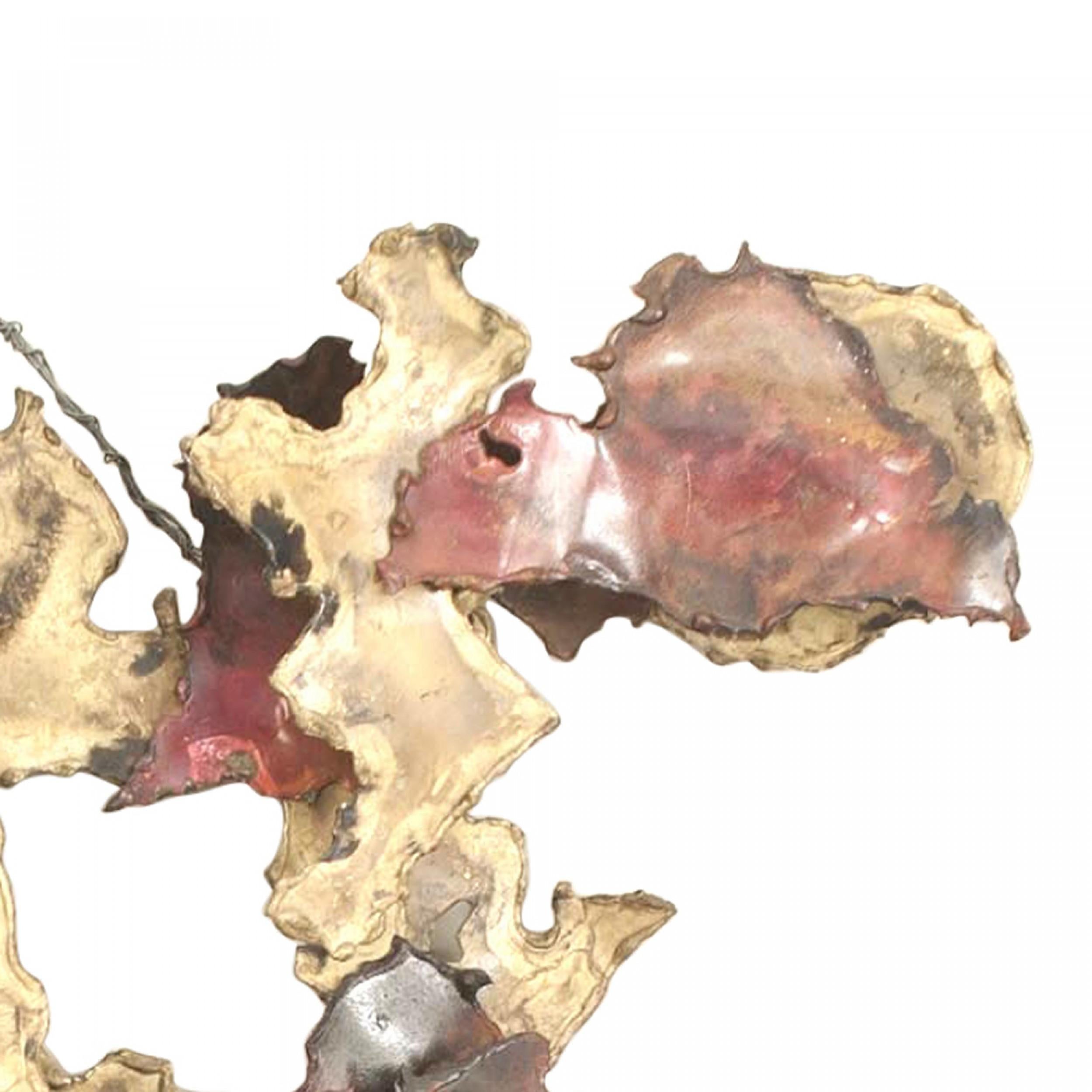 American Post-War Design brass and red painted wall sculpture of various layers of free-form shapes (signed: YARMACK)