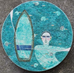 Used In the water 2 - Figurative painting on tondo panel, Ukrainian artist