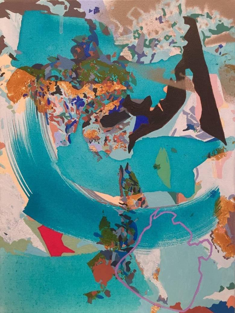 Peinture « Caught You in my Whirlpool », bleu, acrylique, encre, marquage, artiste turc