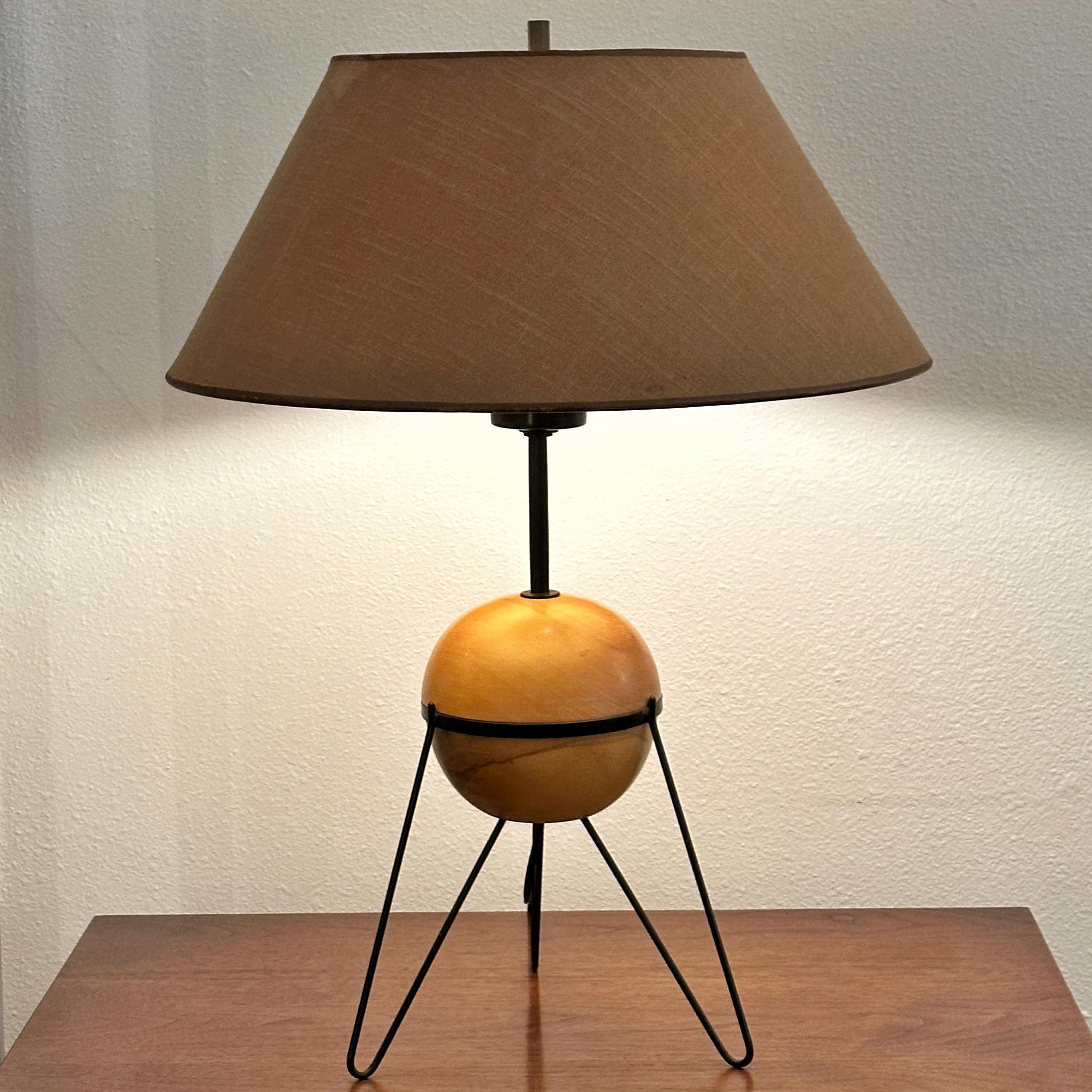 Mid-Century Modern Yasha Heifetz for Heifetz Birch Globe and Metal Tripod Base Table Lamp, ca 1950s