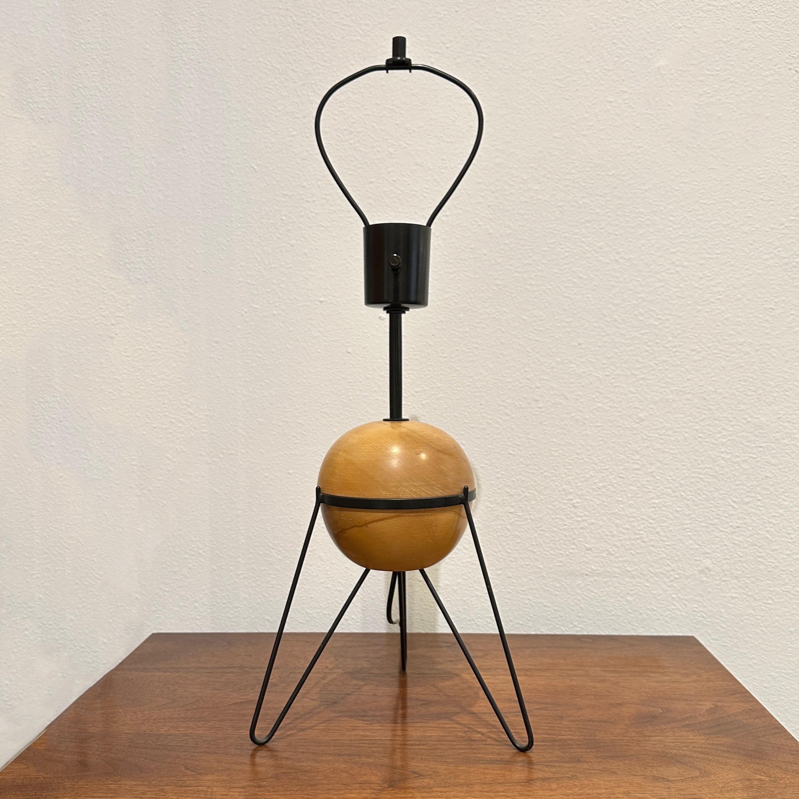 American Yasha Heifetz for Heifetz Birch Globe and Metal Tripod Base Table Lamp, ca 1950s