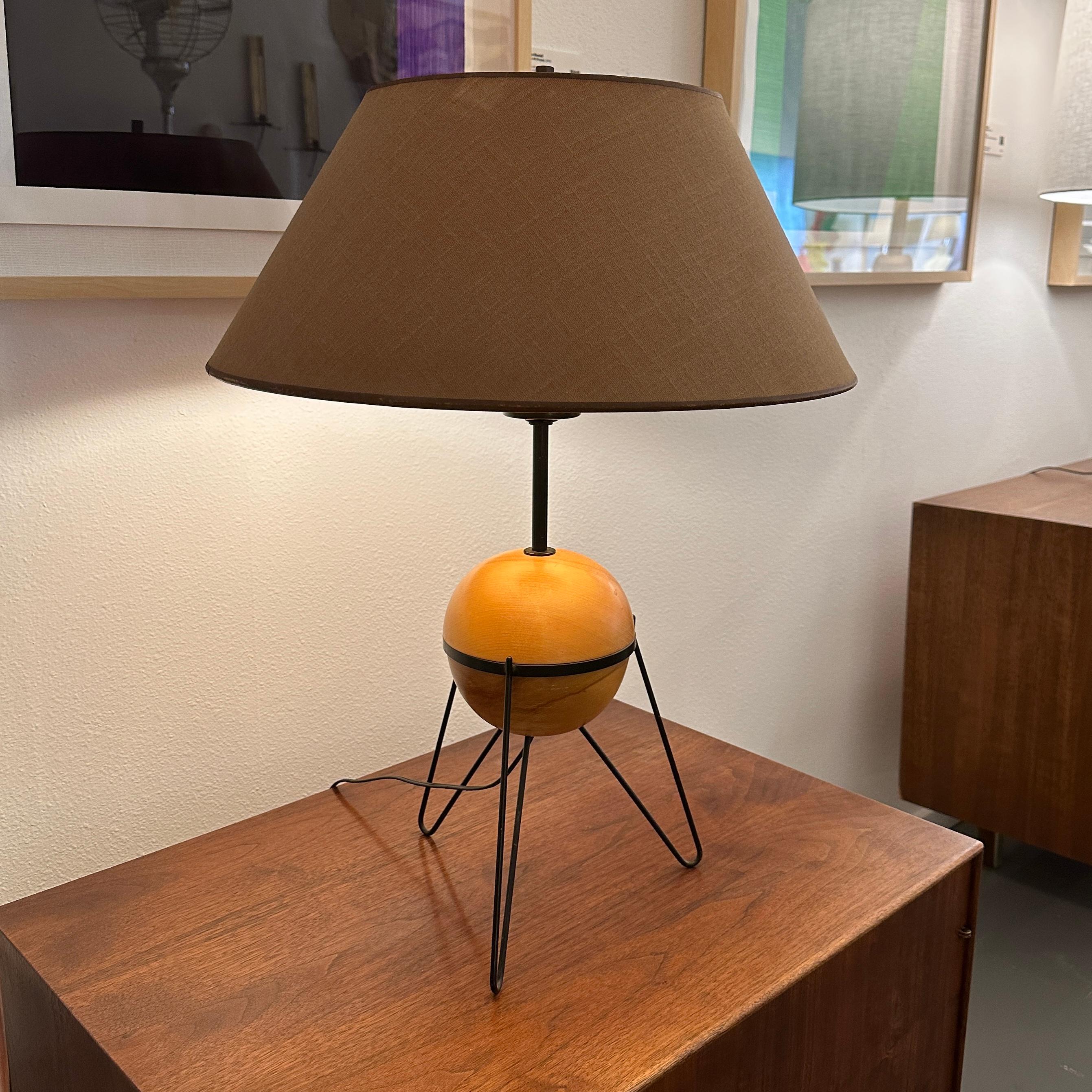 Yasha Heifetz for Heifetz Birch Globe and Metal Tripod Base Table Lamp, ca 1950s In Good Condition In Cathedral City, CA