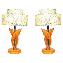 Paire de lampes de bureau en chêne et laiton de forme libre Yasha Heifetz
