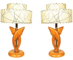 Yasha Heifetz Free-Form Oak and Brass Table Lamps, Pair
