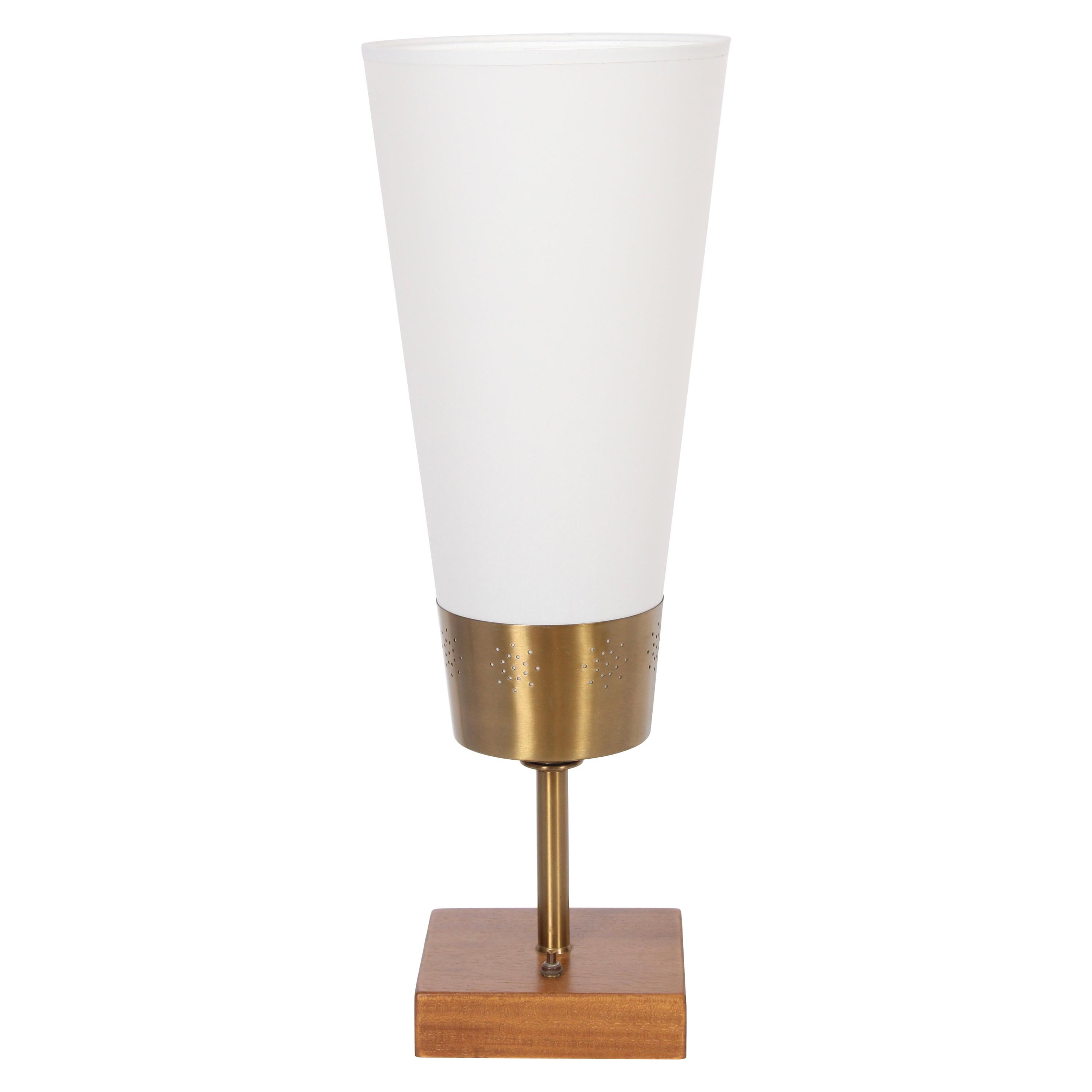 Yasha Heifetz Pierced Brass and Mahogany Table Lamp with White Cone Shade, 1940s