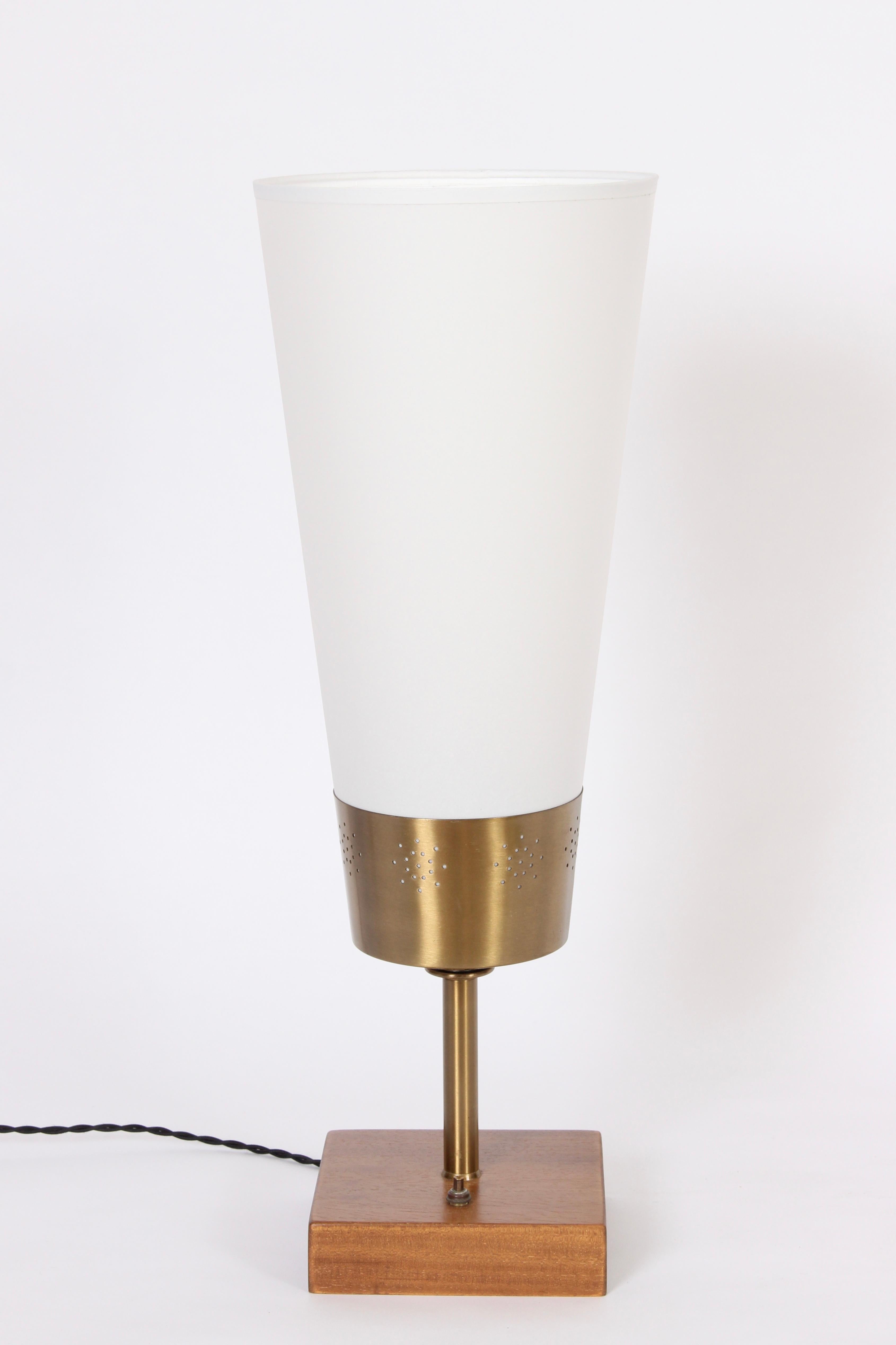 Yasha Heifetz Pierced Brass and Mahogany Table Lamp with White Cone Shade, 1940s 5