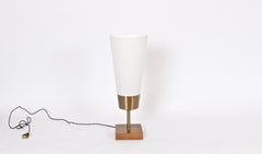 Yasha Heifetz Pierced Brass and Mahogany Table Lamp with White Cone Shade, 1940s