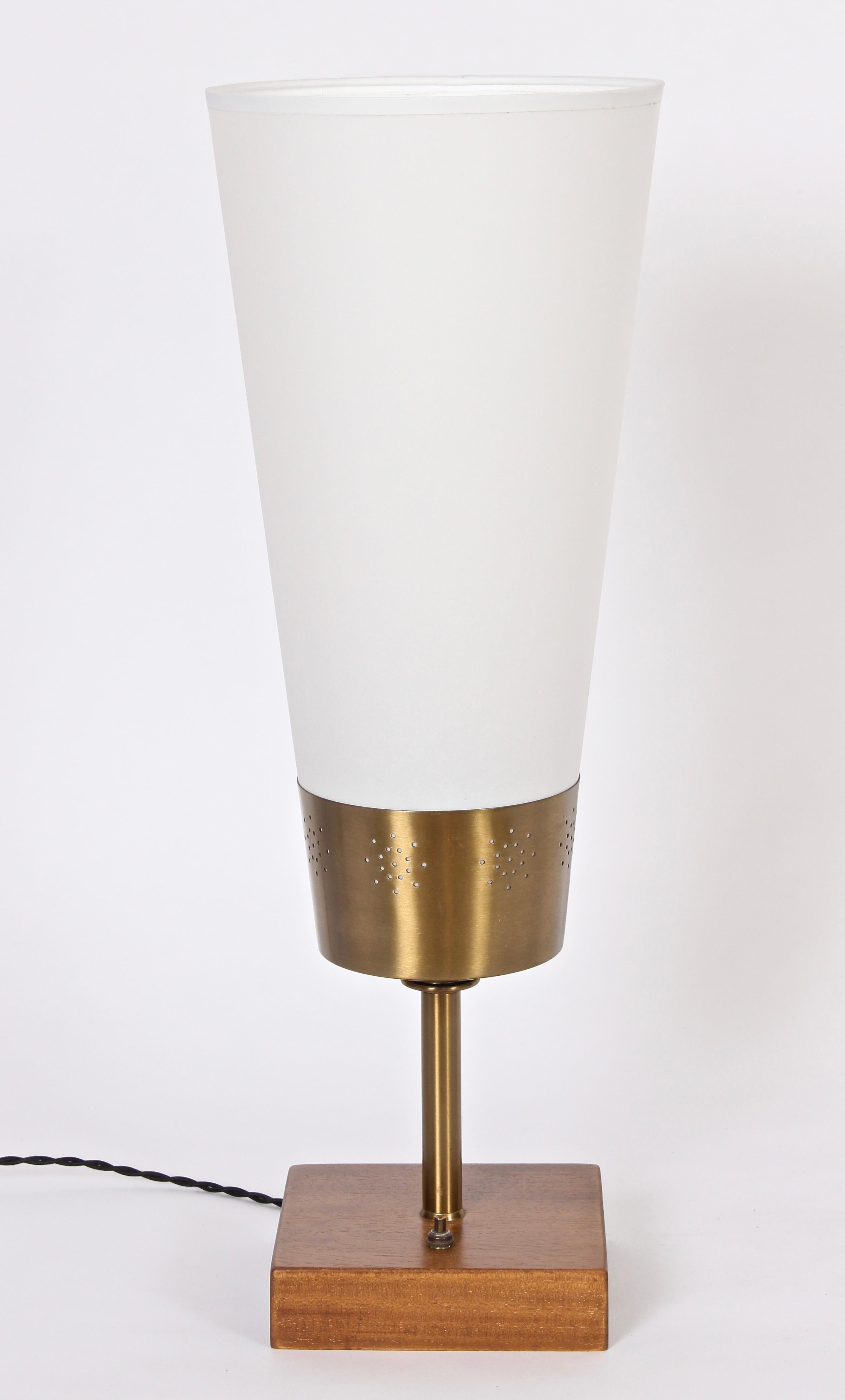 Mid-Century Modern Yasha Heifetz Pierced Brass and Mahogany Table Lamp with White Cone Shade, 1940s