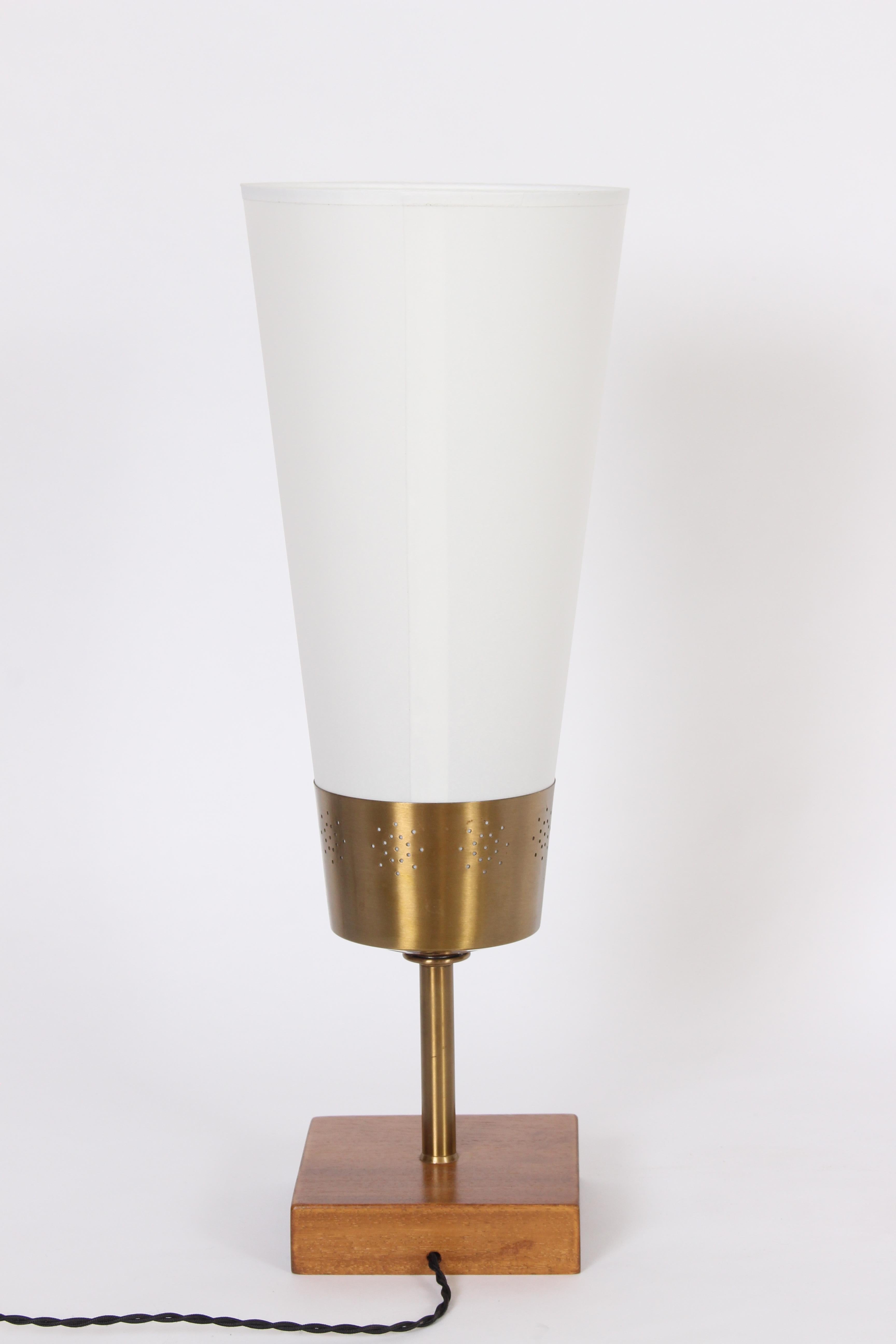 American Yasha Heifetz Pierced Brass and Mahogany Table Lamp with White Cone Shade, 1940s
