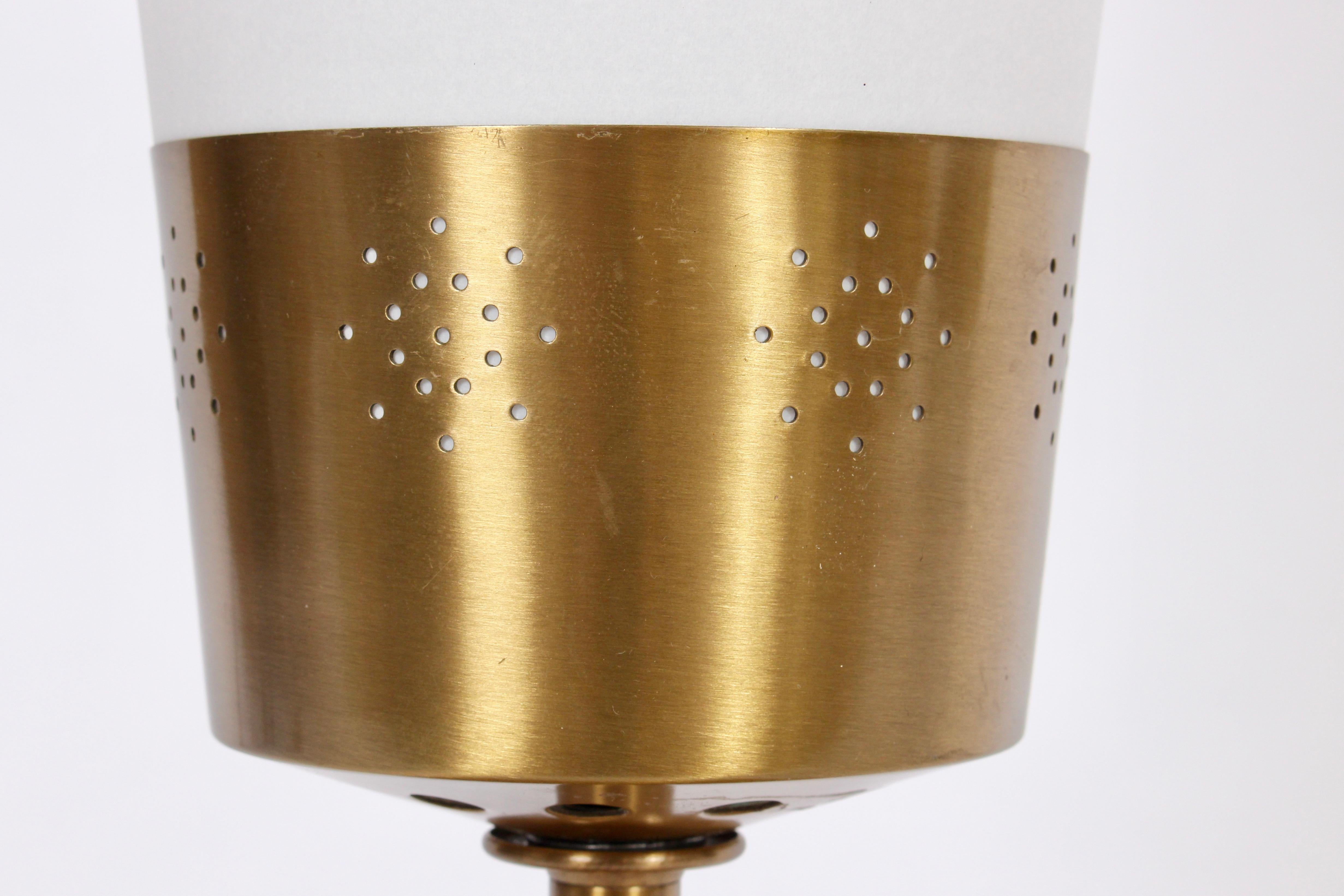 Mid-20th Century Yasha Heifetz Pierced Brass and Mahogany Table Lamp with White Cone Shade, 1940s