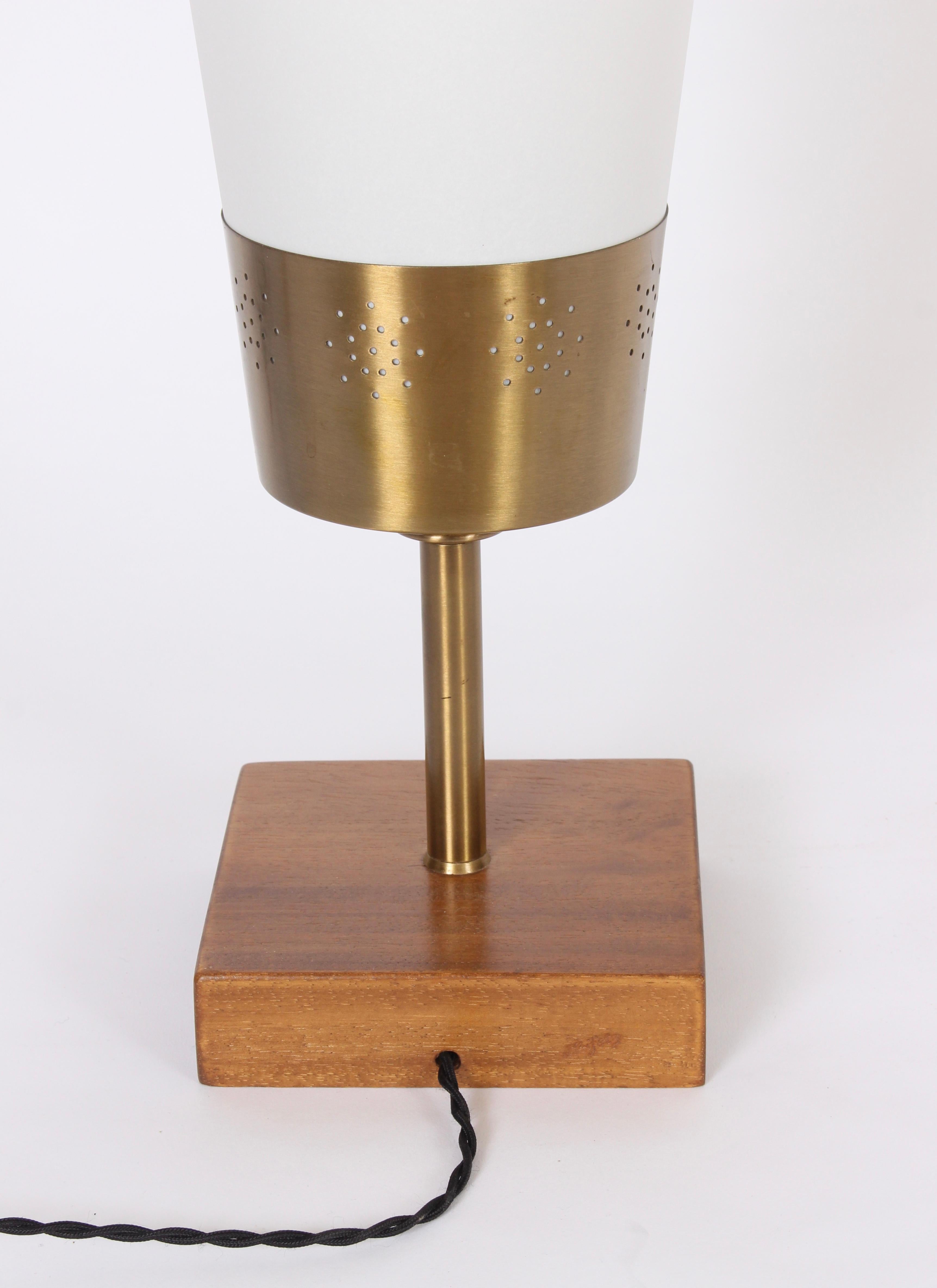 Yasha Heifetz Pierced Brass and Mahogany Table Lamp with White Cone Shade, 1940s 1