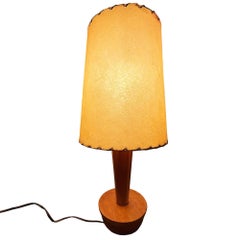 Yasha Heifetz Style Geometric Mid-century Oak Table Lamps w Whipple Stitch Shade