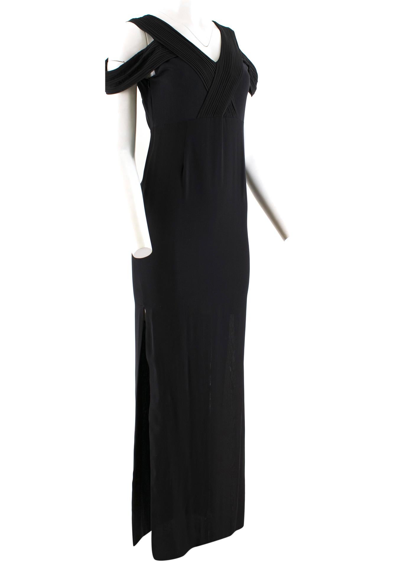 Yasmin Kianfar Black Pleated Panel Cold-Shoulder Dress 

- Black Maxi Gown 
- V-neck, cold shoulder 
- Pleated strap and chest details 
- Silk with mesh upper 
- Zip fastening closure down side
- Fully lined 

Please note, these items are pre-owned
