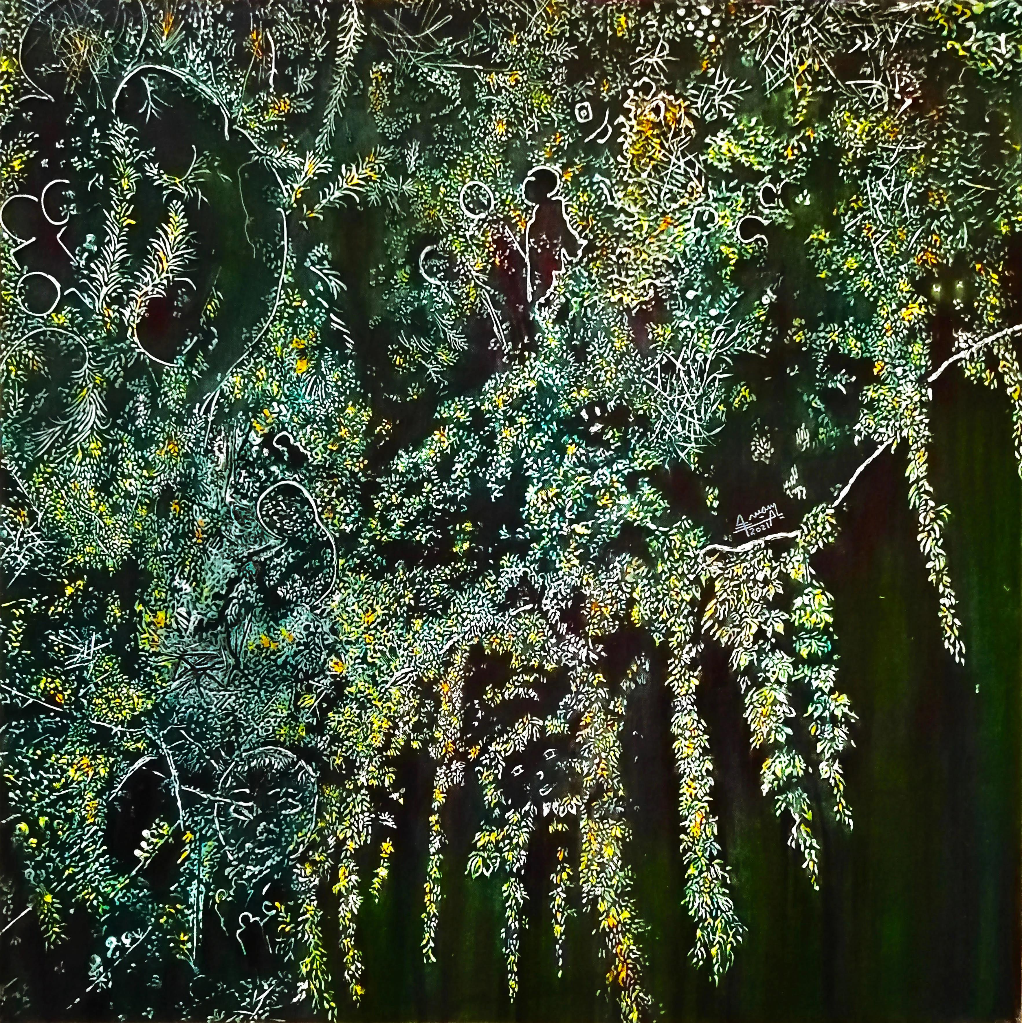 "Foliage" Abstract Painting 39" x 39" inch by YASMINE HASSAN

Yasmine Hassan’s still life portrayals of cacti and other stark foliage can scarcely be described as such, given that it is rife with movement and a vivacious energy. Her compositional