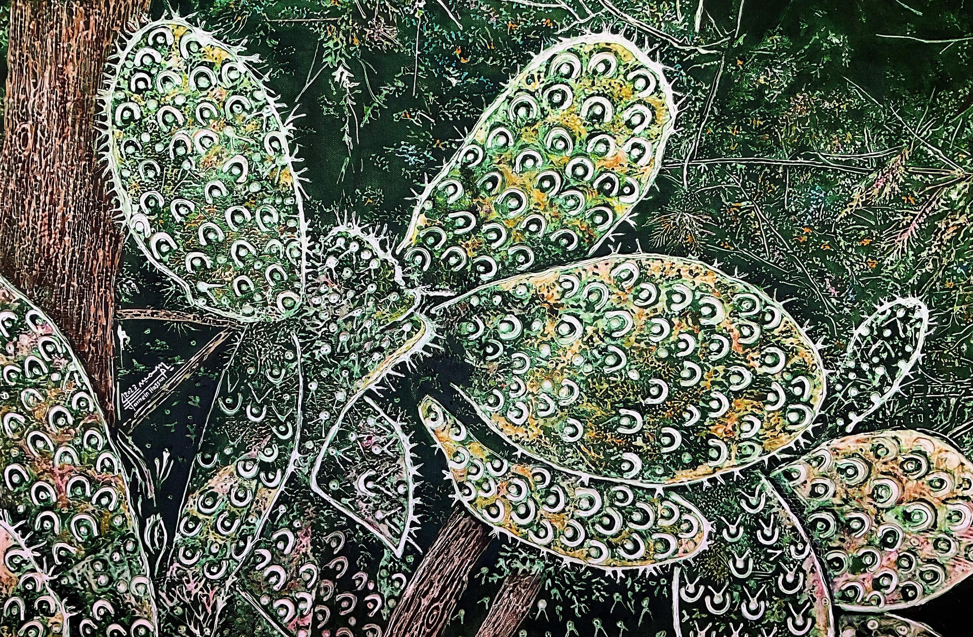 "Kaktusfeigen V" Abstraktes Gemälde 31,5" x 47" Zoll von YASMINE HASSAN

Yasmin Hassans Stillleben mit Kakteen und anderen nüchternen Blättern kann man kaum als solche bezeichnen, denn sie sind voller Bewegung und lebhafter Energie. Ihre