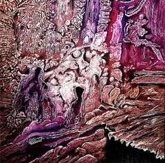 Abstraktes Gemälde „Tales I“ 39" x 39" Zoll von YASMINE HASSAN