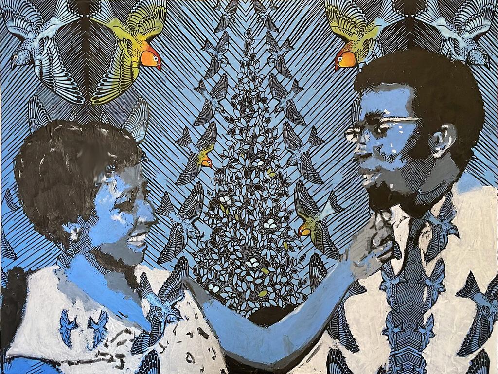 Blue Magic Original - Peinture, huile et acrylique sur tissu Ankara
