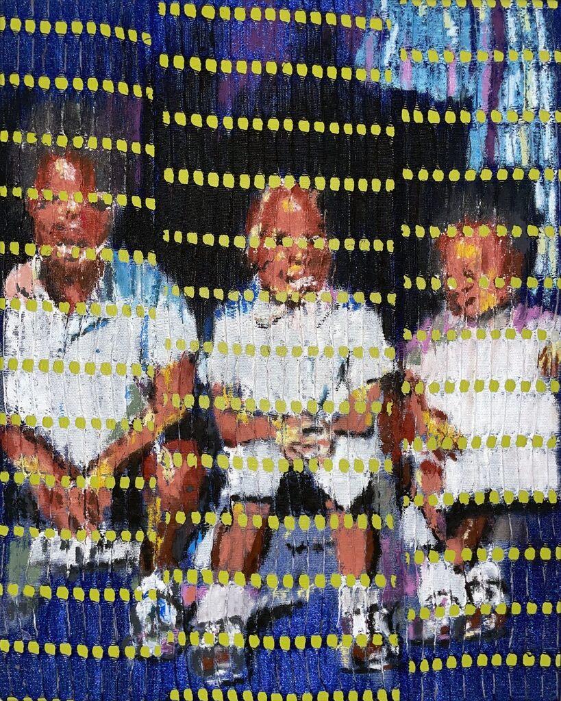 Ensemble face à la lumière - Peinture, pastel à l'huile sur tissu Aso-Oke - Mixed Media Art de Yasser Claud-Ennin