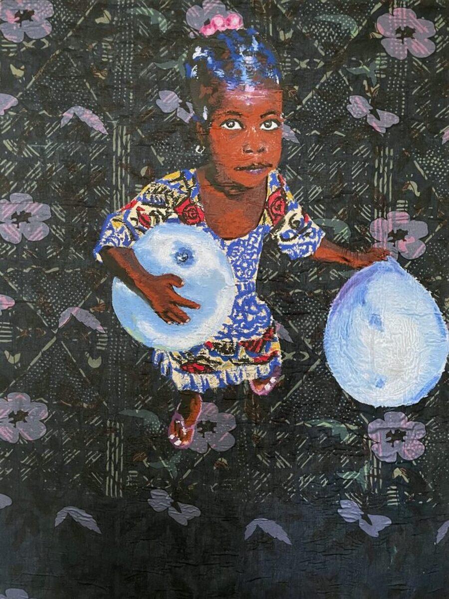 S'accrocher à l'espoir - Peinture, huile et pastel à l'huile sur tissu Adire