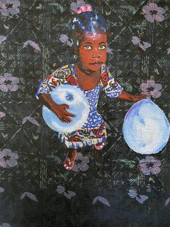 S'accrocher à l'espoir - Peinture, huile et pastel à l'huile sur tissu Adire