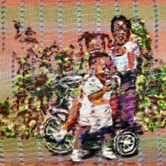 Our First Ride - Peinture, pastel à l'huile sur tissu Aso-Oke