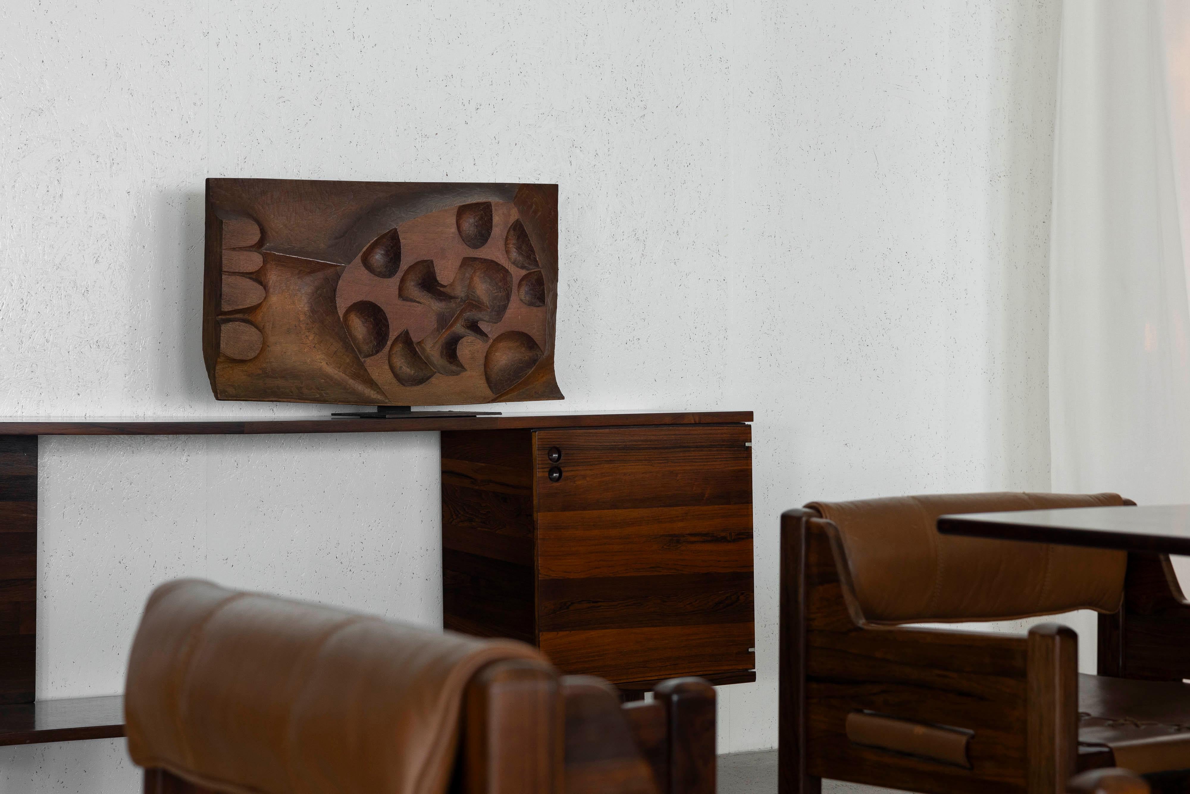This unique and striking large-sized abstract mahogany wooden sculpture was created by Yasuo Fuke (Kagawa, Japan, 1929) in the 1968. Yasuo Fuke (born in Kagawa, Japan, 1929) was a distinguished sculptor whose work reflects a unique blend of Japanese