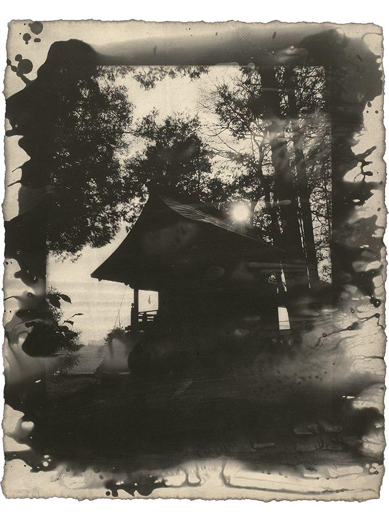 Yasuomi Hashimura Black and White Photograph - Rural Shrine: Japanese landscape & architecture photograph print w/ hand work