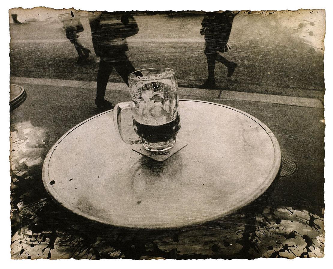 Yasuomi Hashimura Figurative Photograph - Crisis: Paris, France urban city street cafe w/ beer sepia print w/ handwork