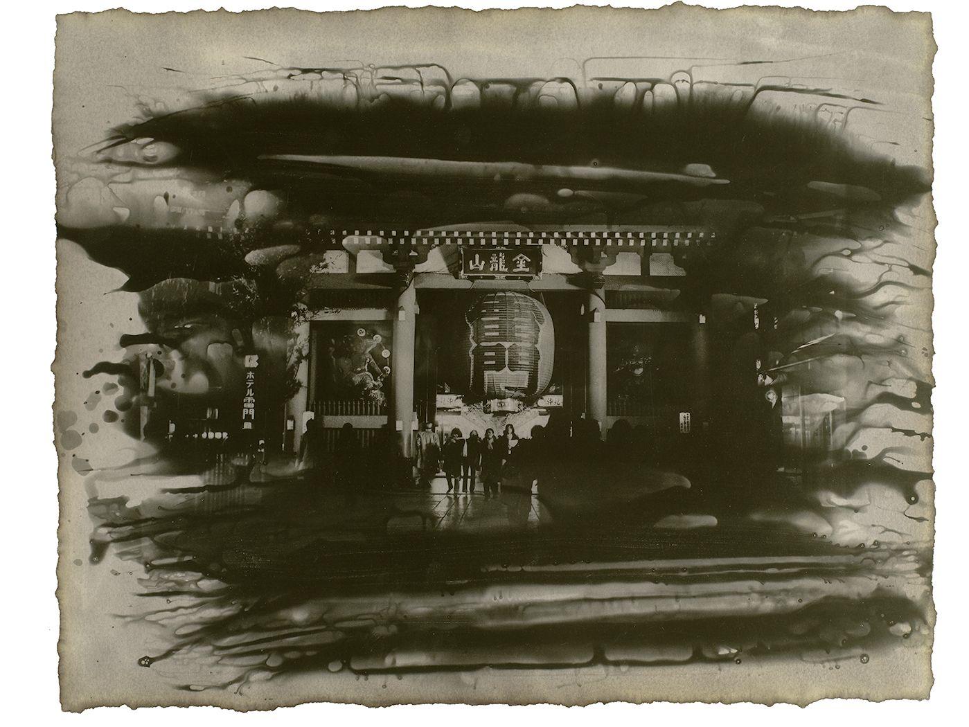 Yasuomi Hashimura Black and White Photograph - Kaminarimon Gate, Tokyo, Japan: Japanese temple urban city photograph w/handwork