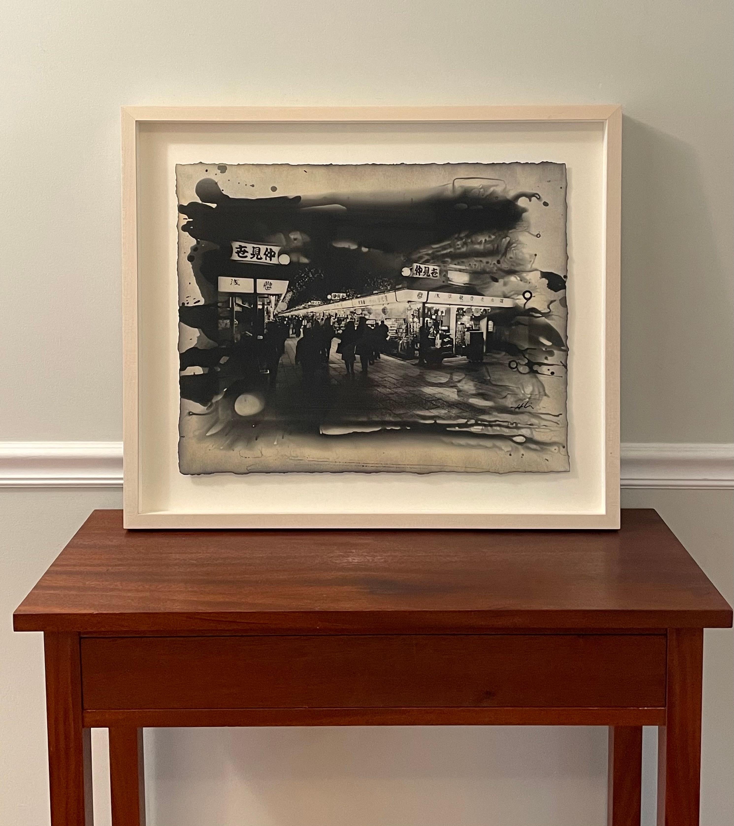 Nakamise Night, Tokyo, Japan: urban night cityscape photograph print w/ handwork - Black Landscape Photograph by Yasuomi Hashimura