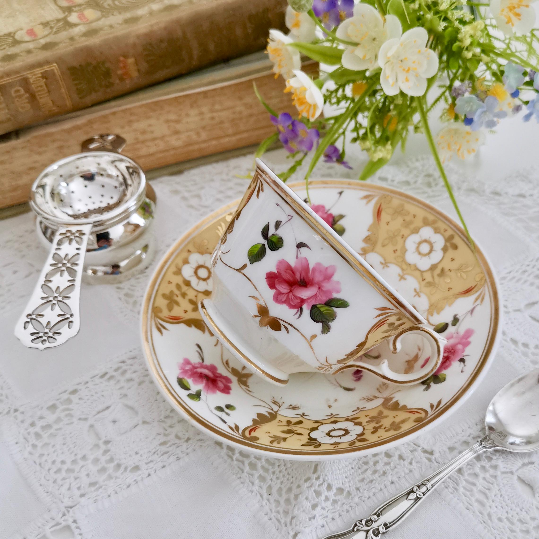 This is a Yates cup and saucer made circa 1825, which is known as the Regency period. This was probably meant as a coffee cup, but as the shape is quite open it would be perfect for tea as well.

The Yates factory was operative between 1784 and