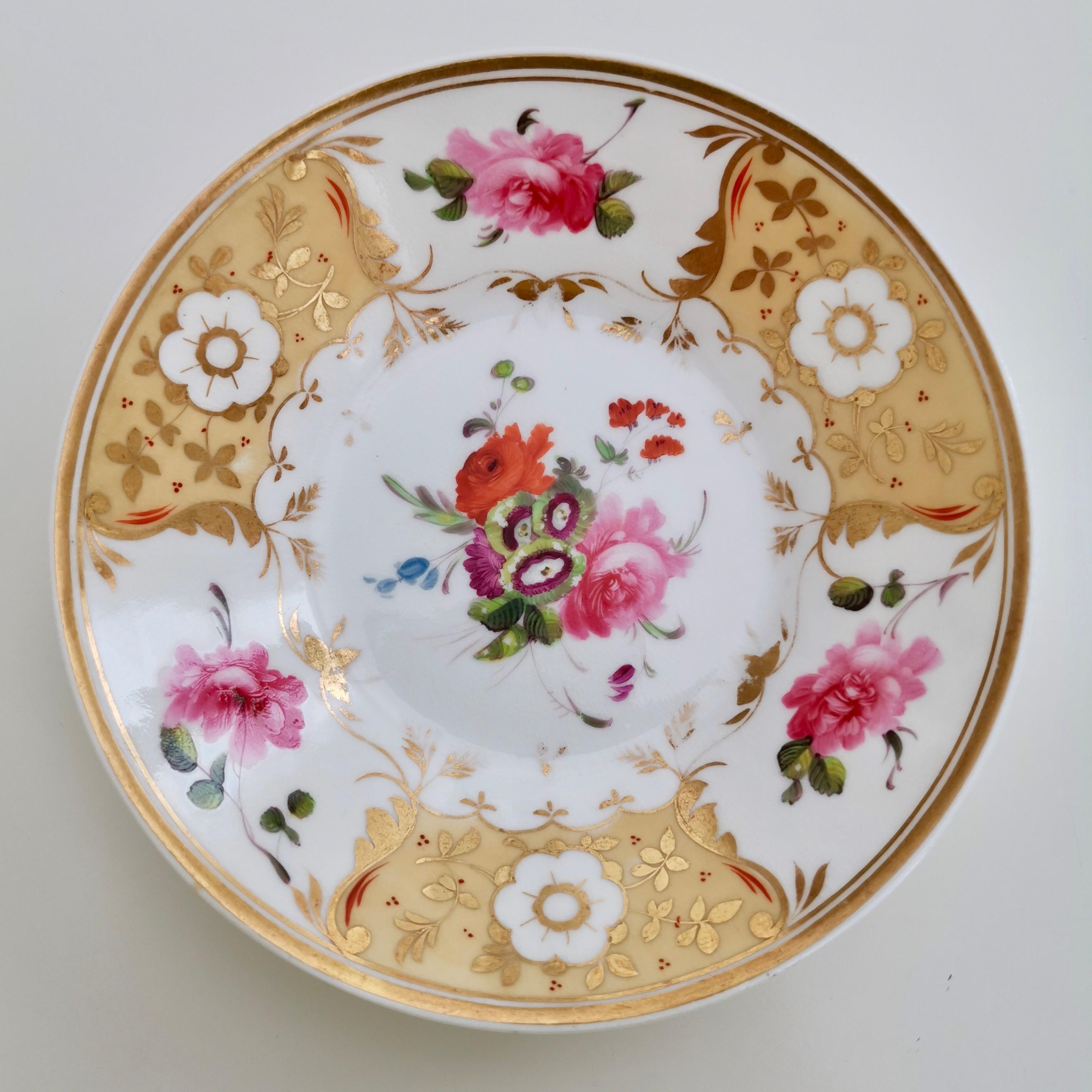 Hand-Painted Yates Porcelain Cup and Saucer, Yellow with Roses, Regency, circa 1825