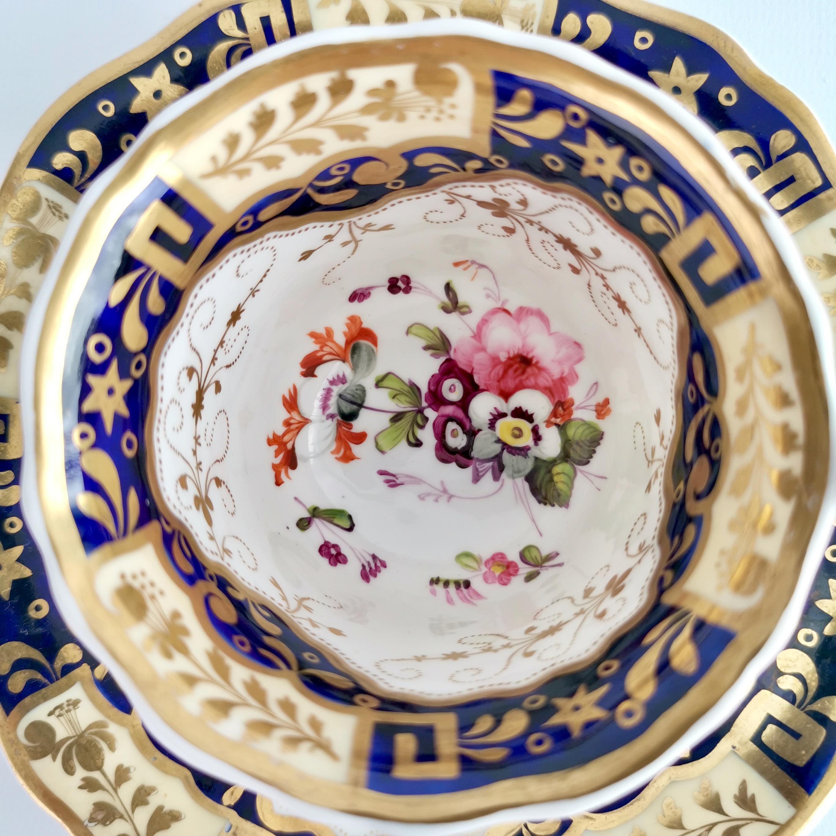 Yates Porcelain Teacup Trio, Cobalt Blue, Gilt and Flowers, Regency, ca 1825 5