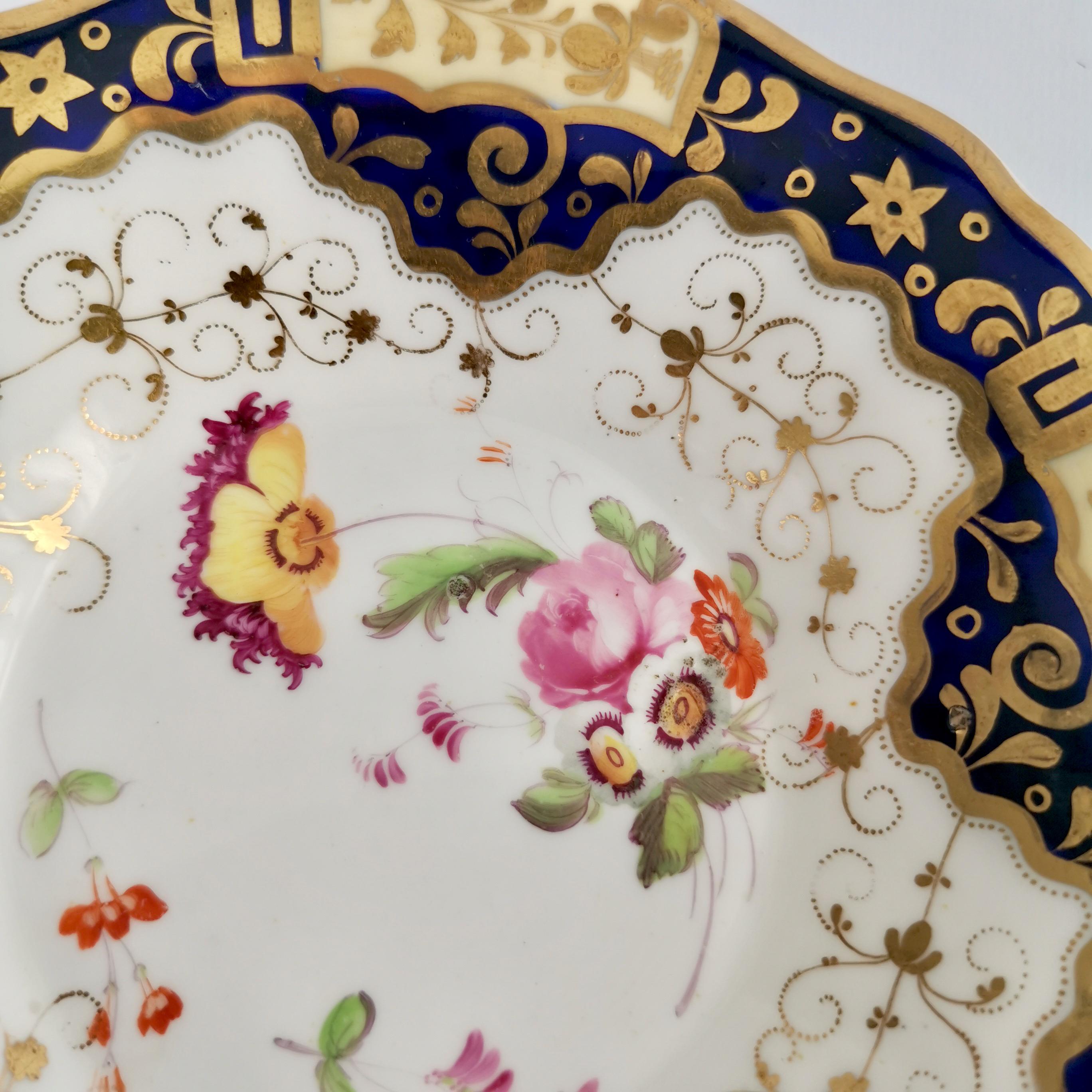 Yates Porcelain Teacup Trio, Cobalt Blue, Gilt and Flowers, Regency, ca 1825 6