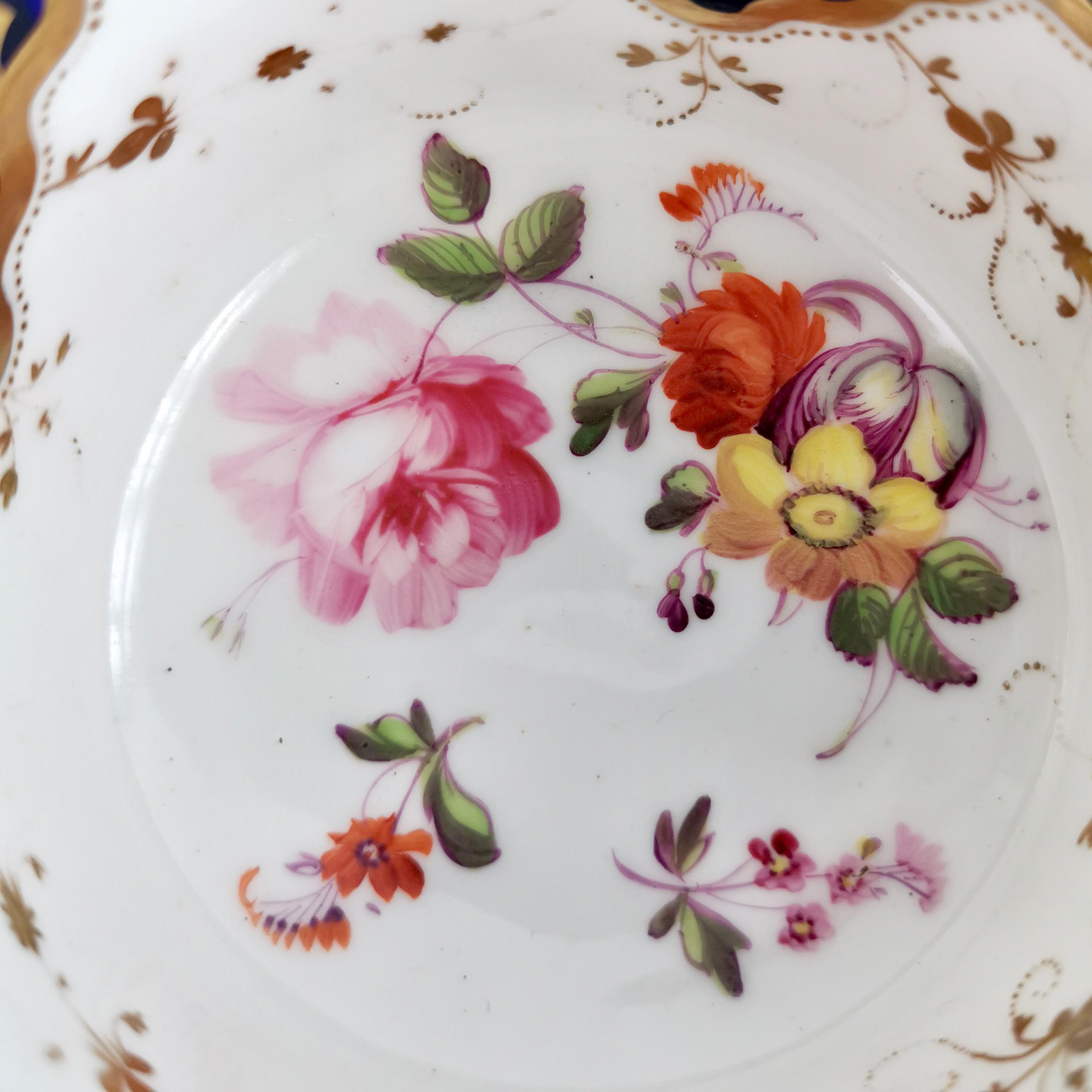 Yates Porcelain Teacup Trio, Cobalt Blue, Gilt and Flowers, Regency, ca 1825 7