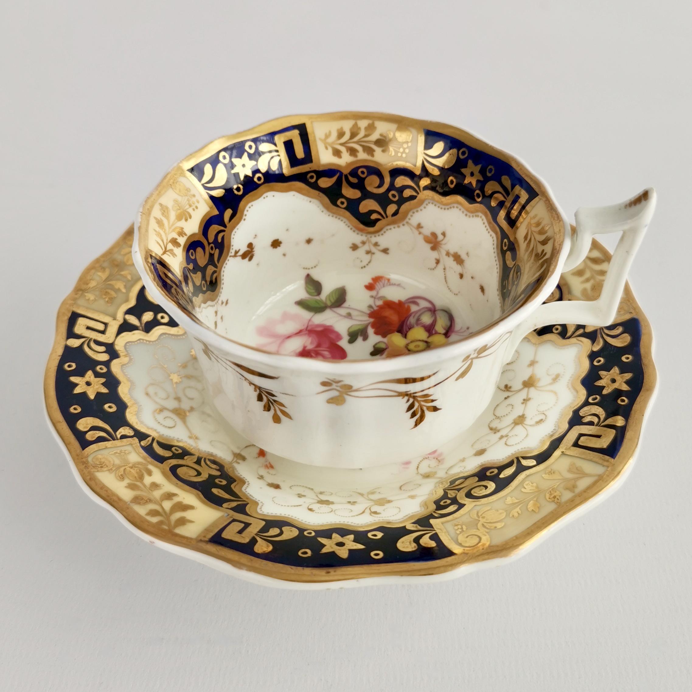 English Yates Porcelain Teacup Trio, Cobalt Blue, Gilt and Flowers, Regency, ca 1825