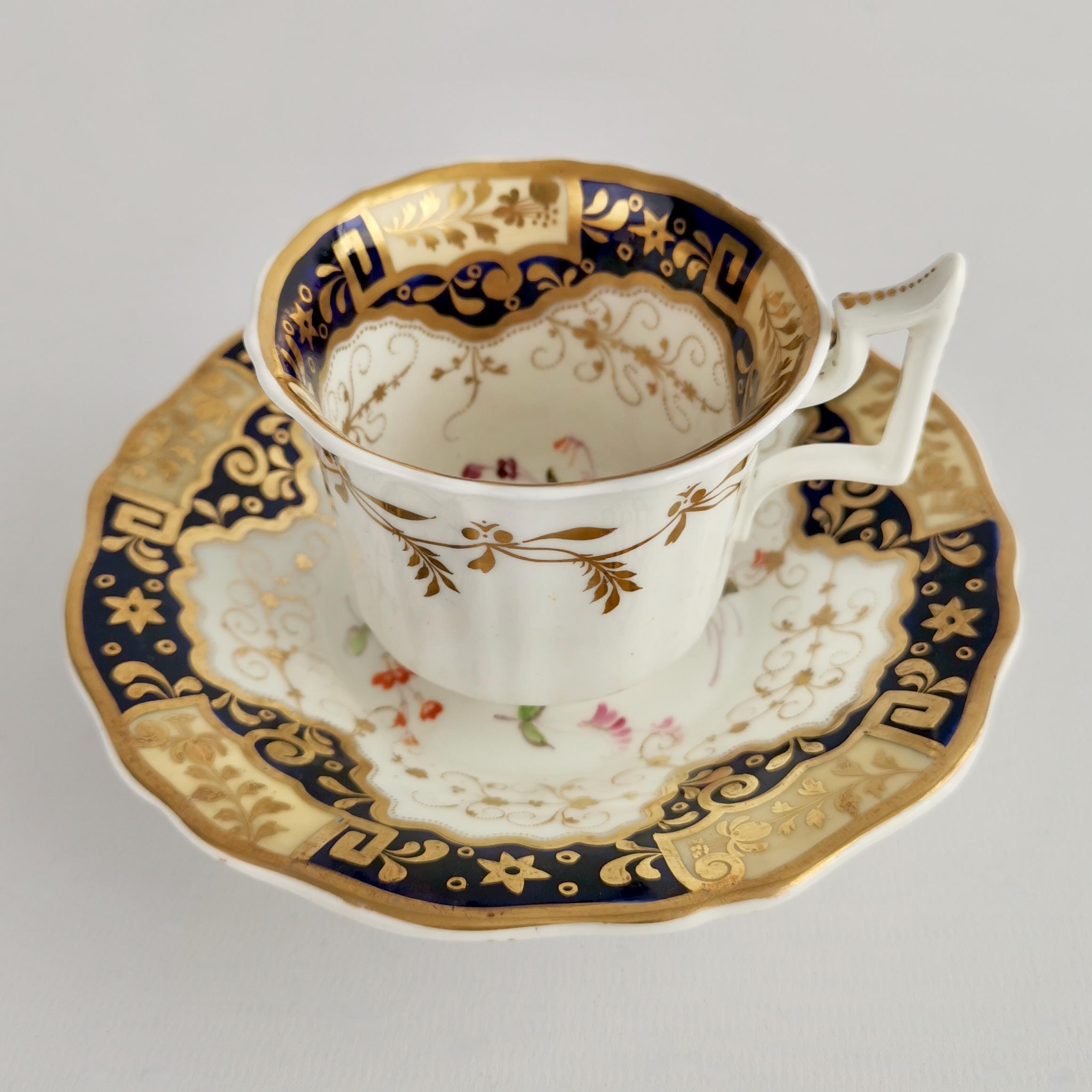 Hand-Painted Yates Porcelain Teacup Trio, Cobalt Blue, Gilt and Flowers, Regency, ca 1825