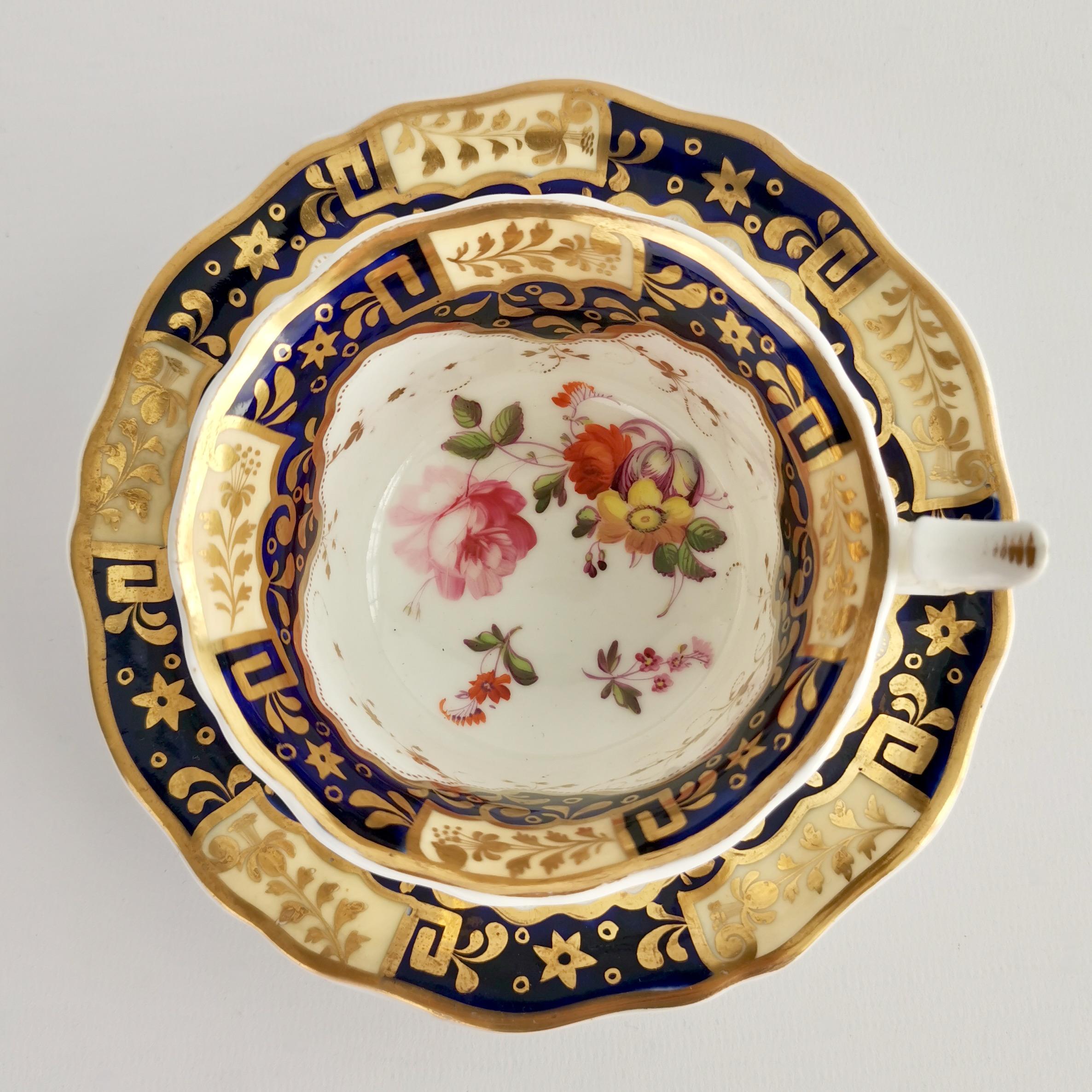 Early 19th Century Yates Porcelain Teacup Trio, Cobalt Blue, Gilt and Flowers, Regency, ca 1825