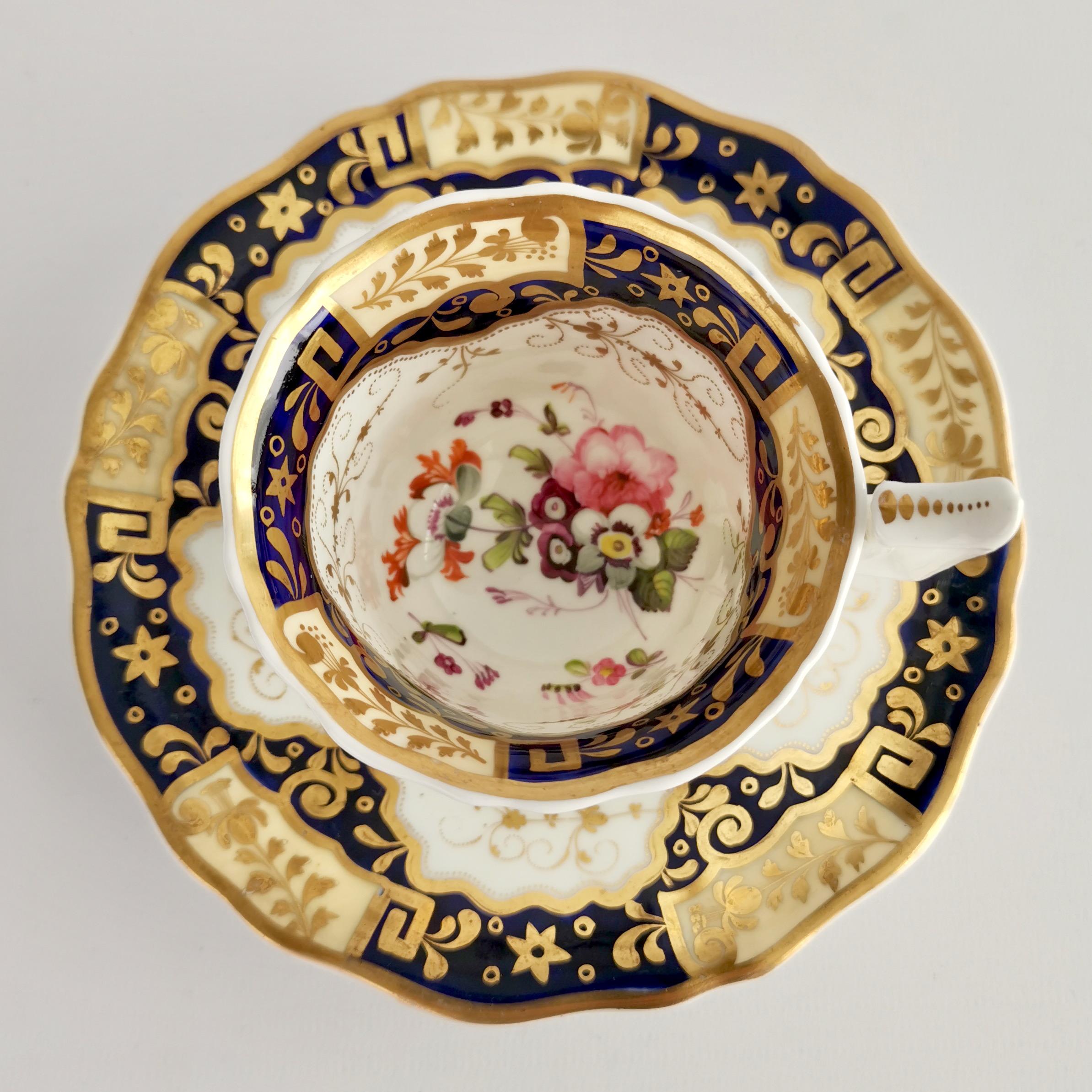 Yates Porcelain Teacup Trio, Cobalt Blue, Gilt and Flowers, Regency, ca 1825 1