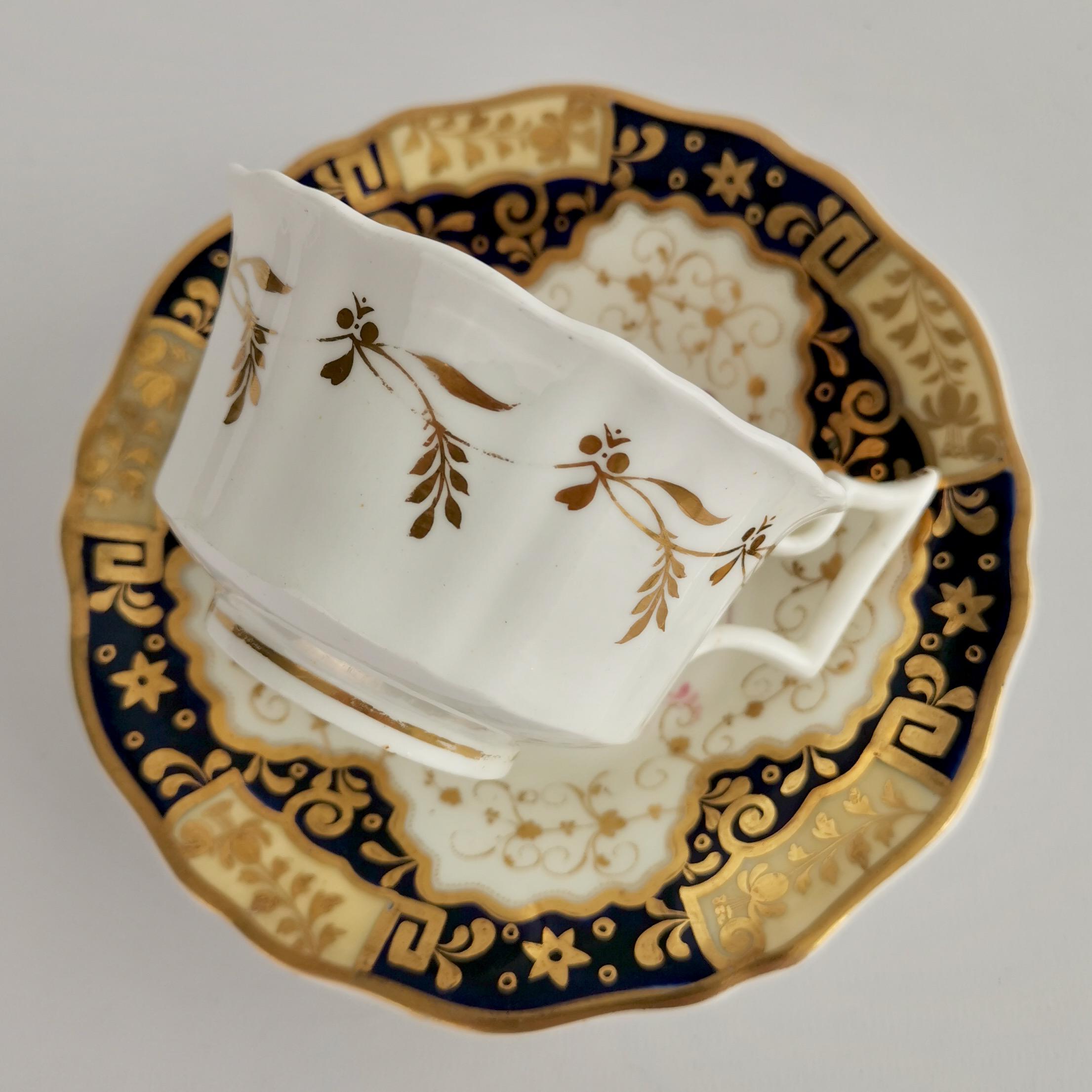 Yates Porcelain Teacup Trio, Cobalt Blue, Gilt and Flowers, Regency, ca 1825 2