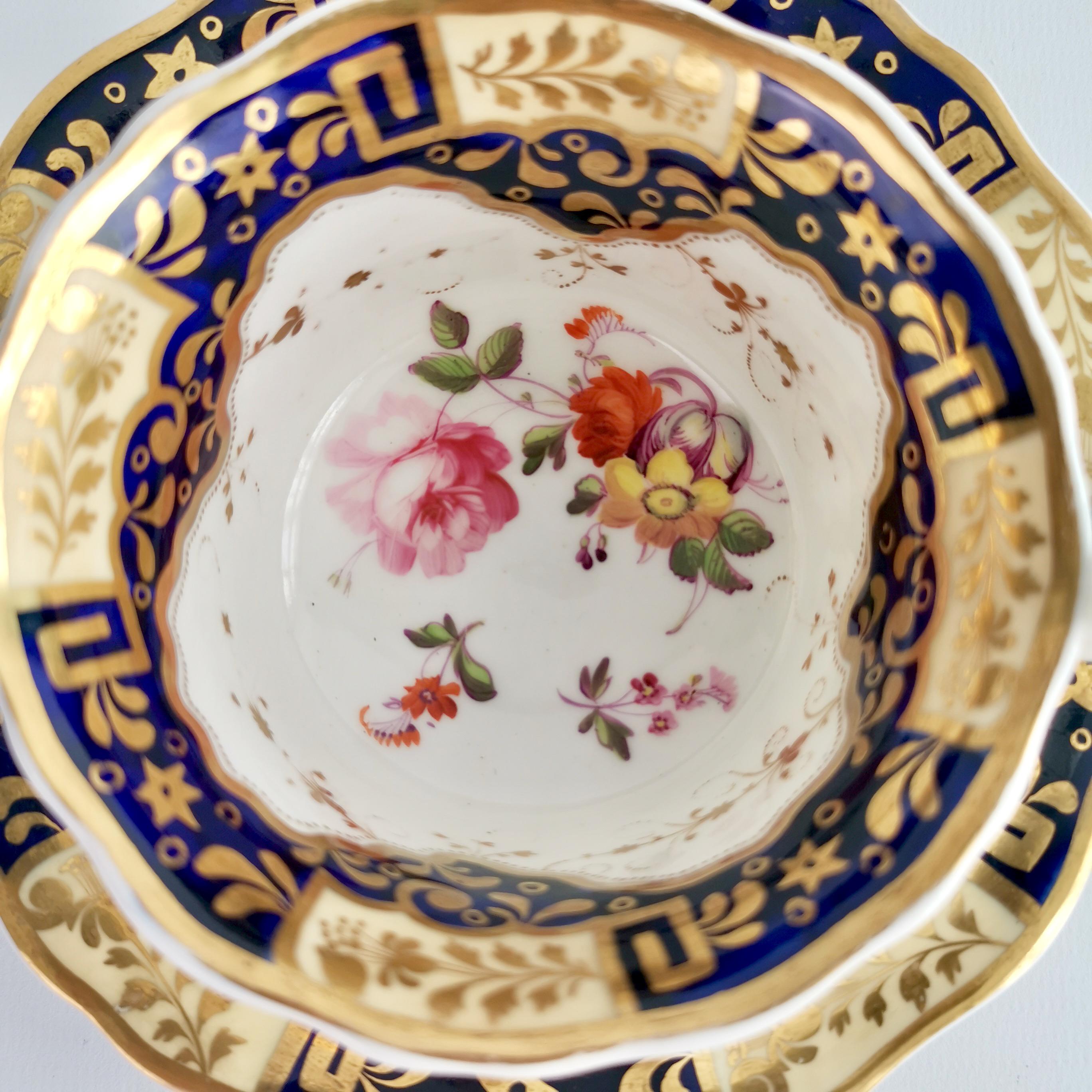 Yates Porcelain Teacup Trio, Cobalt Blue, Gilt and Flowers, Regency, ca 1825 4