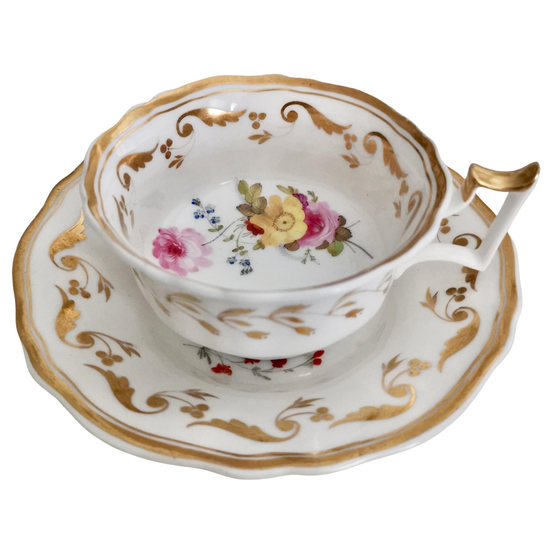 Yates Porcelain Teacup, White with Gilt and Flowers, Regency, circa 1825