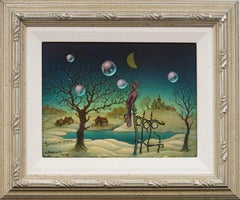 Antique Israeli Surrealist "Bubbles and Birds" Signed Winter Landscape Painting
