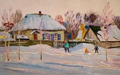Antique Winter Village Landscape Oil Painting Original Snowy Art by Yavorskiy