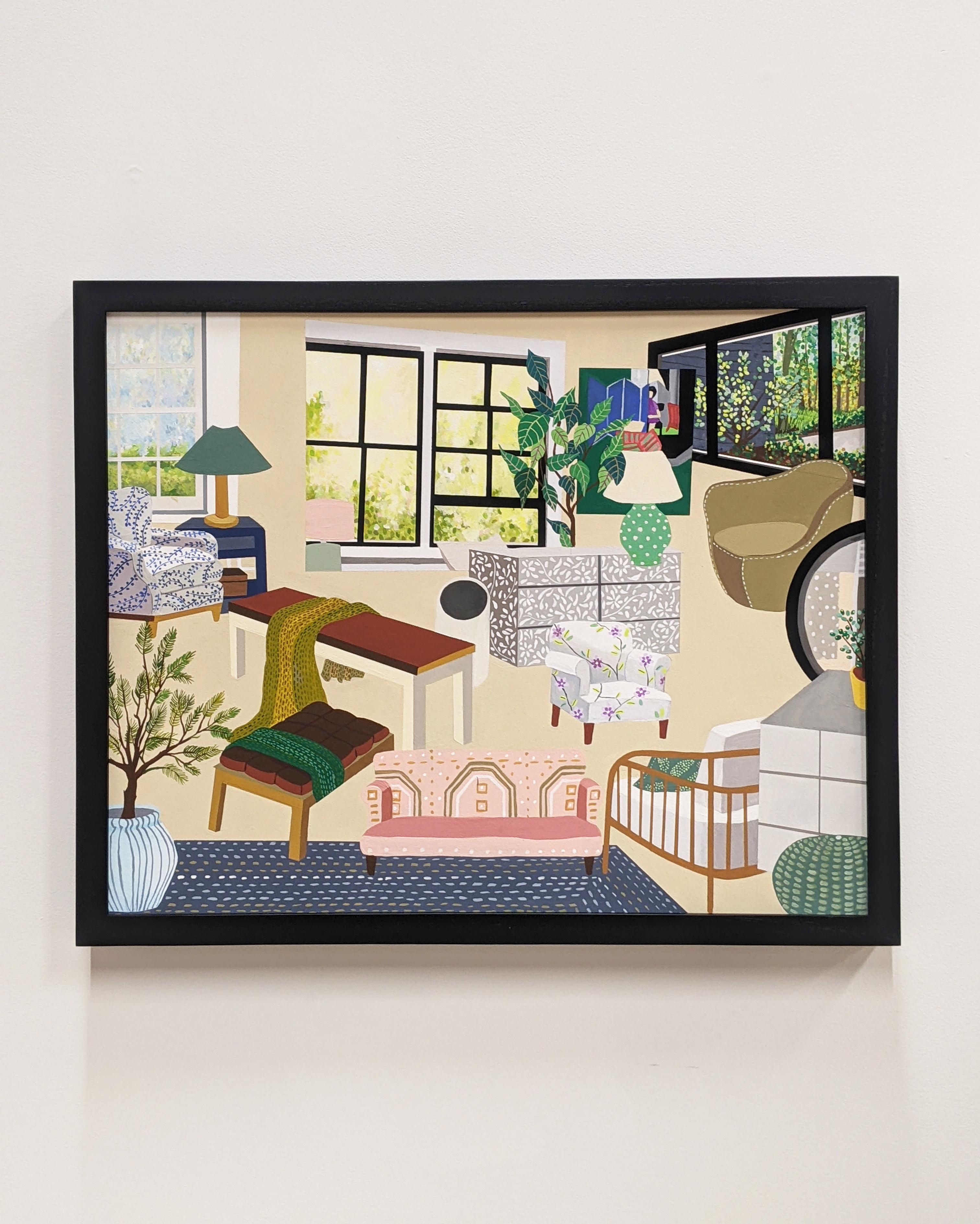 Untitled 24 Blue Rug, Interior in Blue, Beige, Brown, Pink, Olive Green, Plants - Painting by Yayoi Asoma
