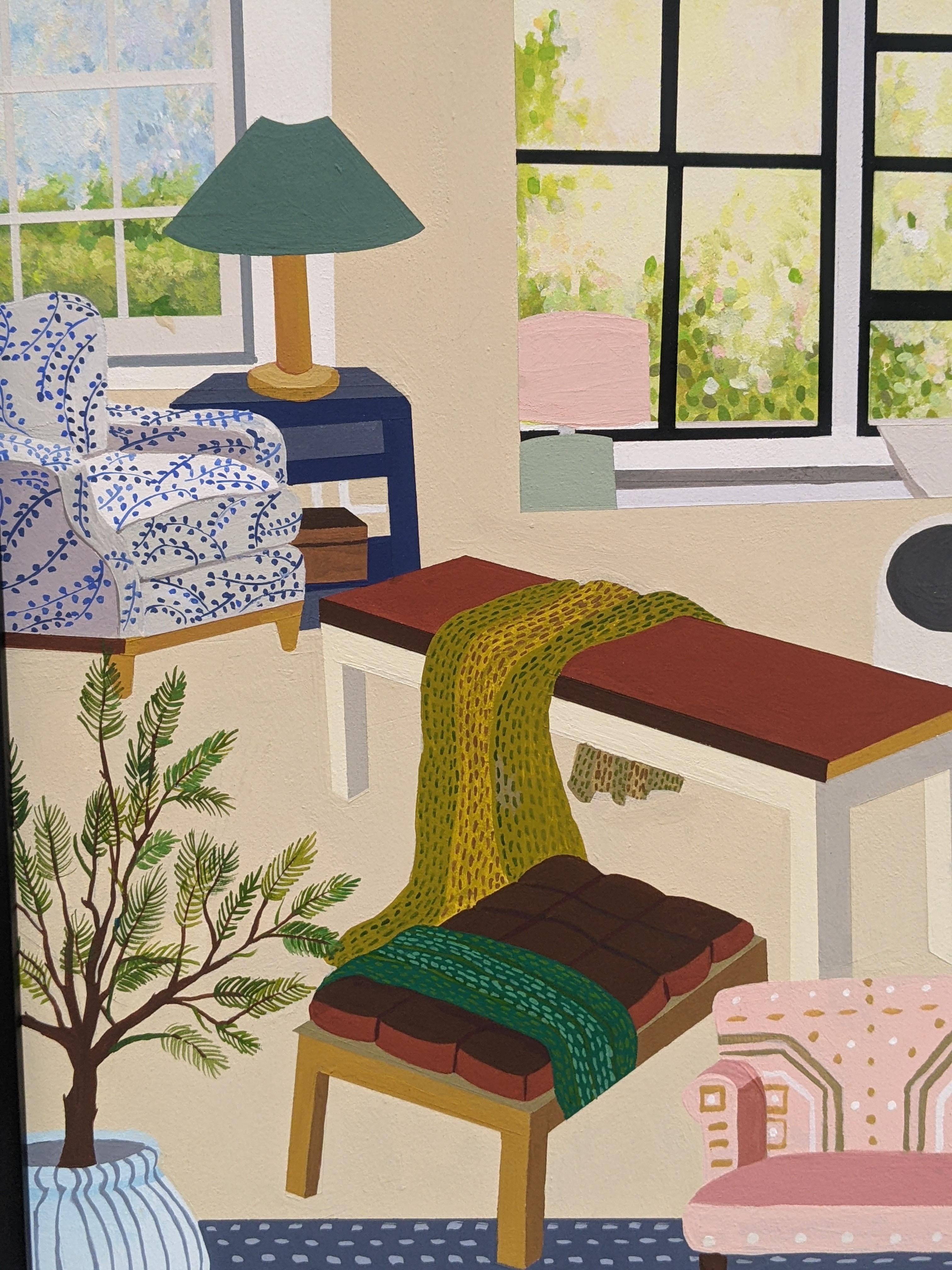 In this colorful and inviting interior scene in gouache on masonite, lively patterned furniture in brown, cobalt blue, white and olive green is complemented by a blue rug and beige walls while the windows in the background show glimpses of the trees