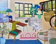 Ohne Titel 24 Blauer Teppich, Interieur in Blau, Beige, Braun, Rosa, Olivgrün, Pflanzen